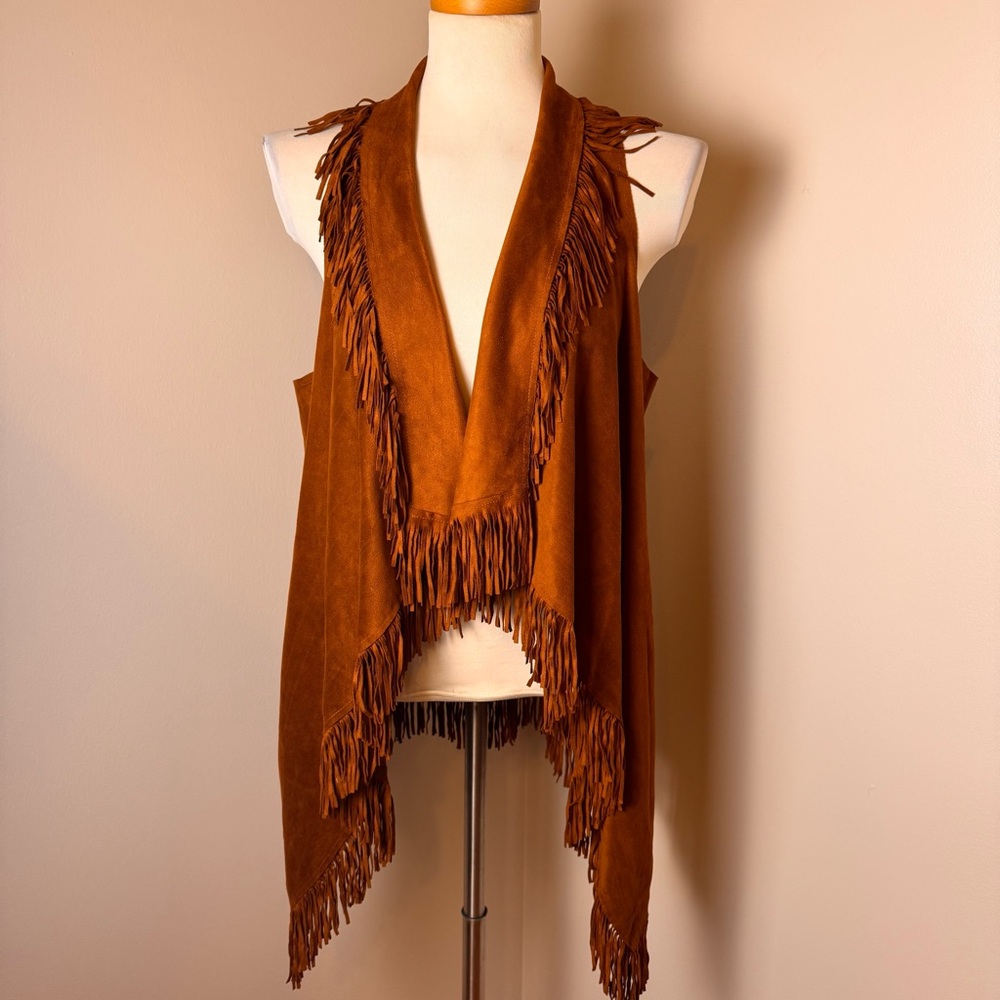 TCEC Fringed Suede-like Fabric Asymmetrical Western Vest COGNAC BROWN / MEDIUM